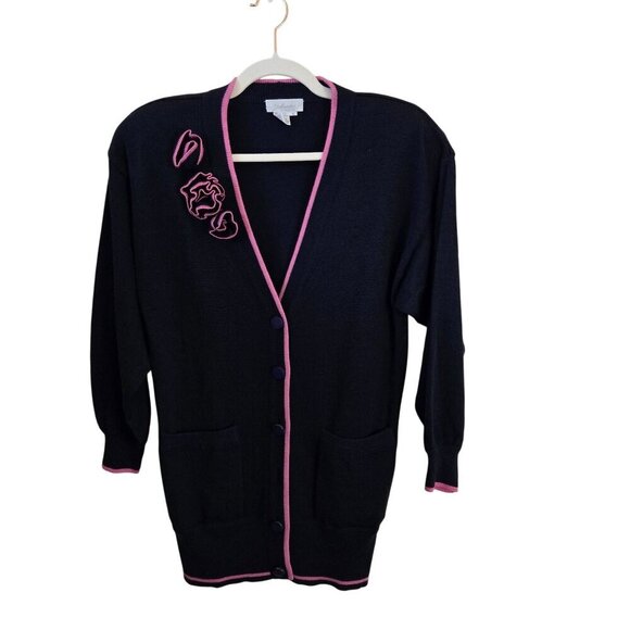 Vintage Schrader Navy Long Line V Neck Cardigan Sweater 3D Flower Unique Size M - Picture 1 of 6